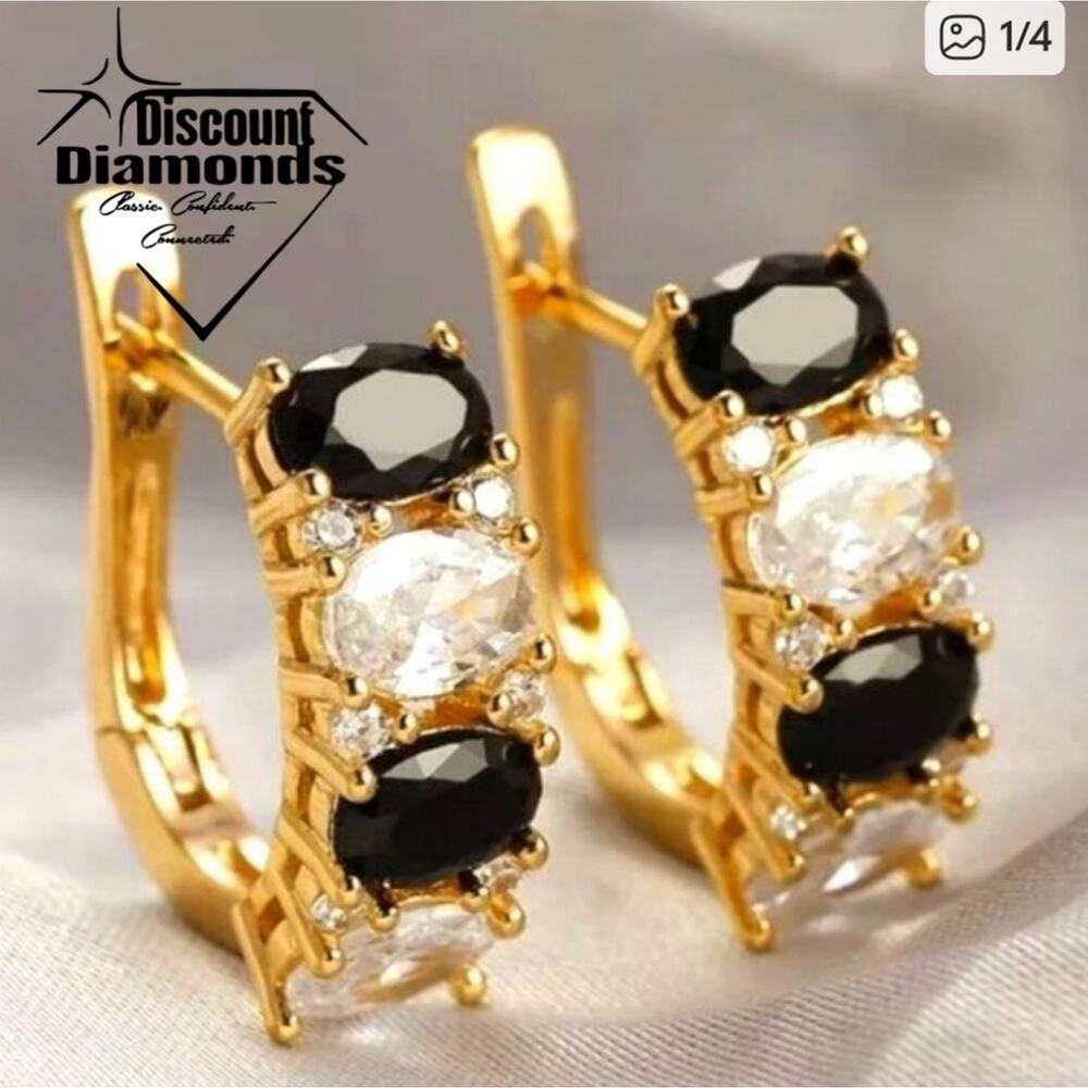 Black & White Diamond Hoop Earrings 18K Yellow Gold On 925 Silver